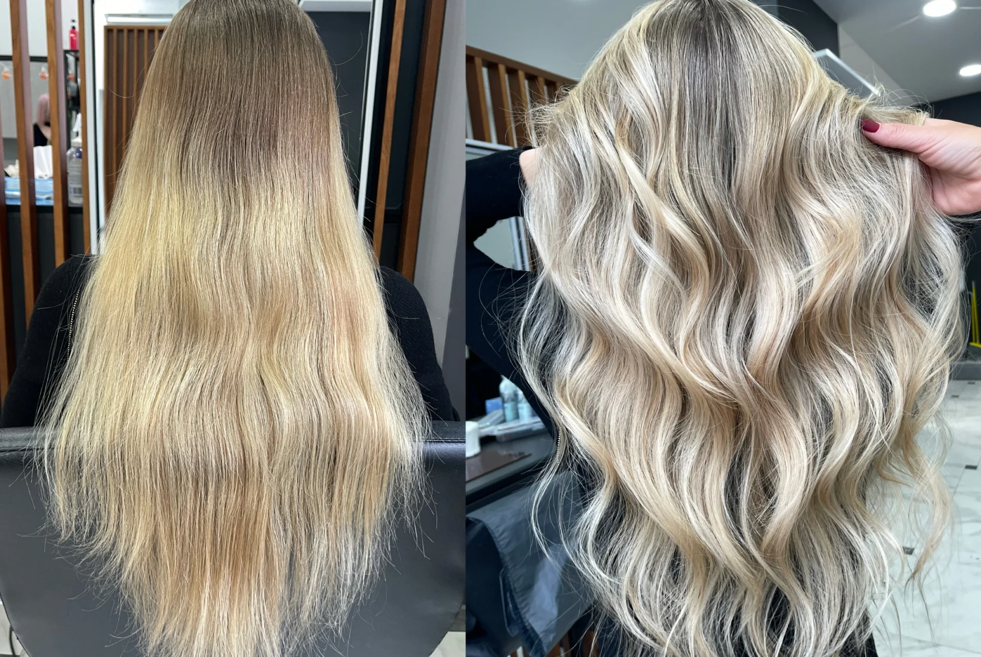 Hair transformation from straight to wavy.