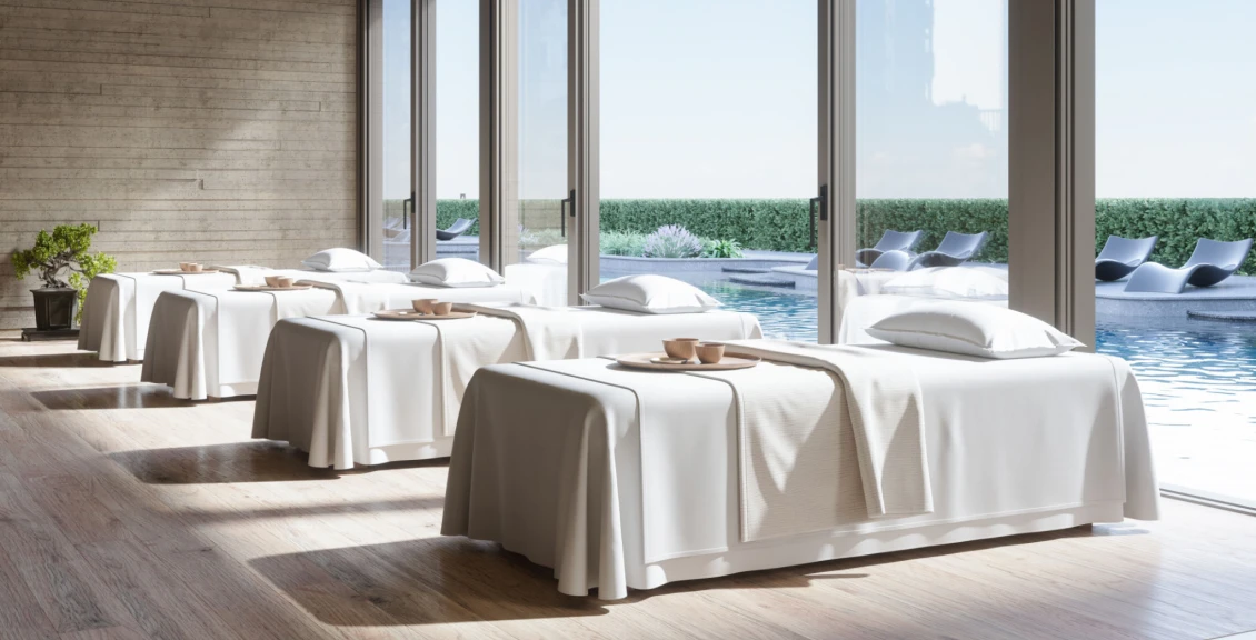 Tranquil spa room overlooking the water.